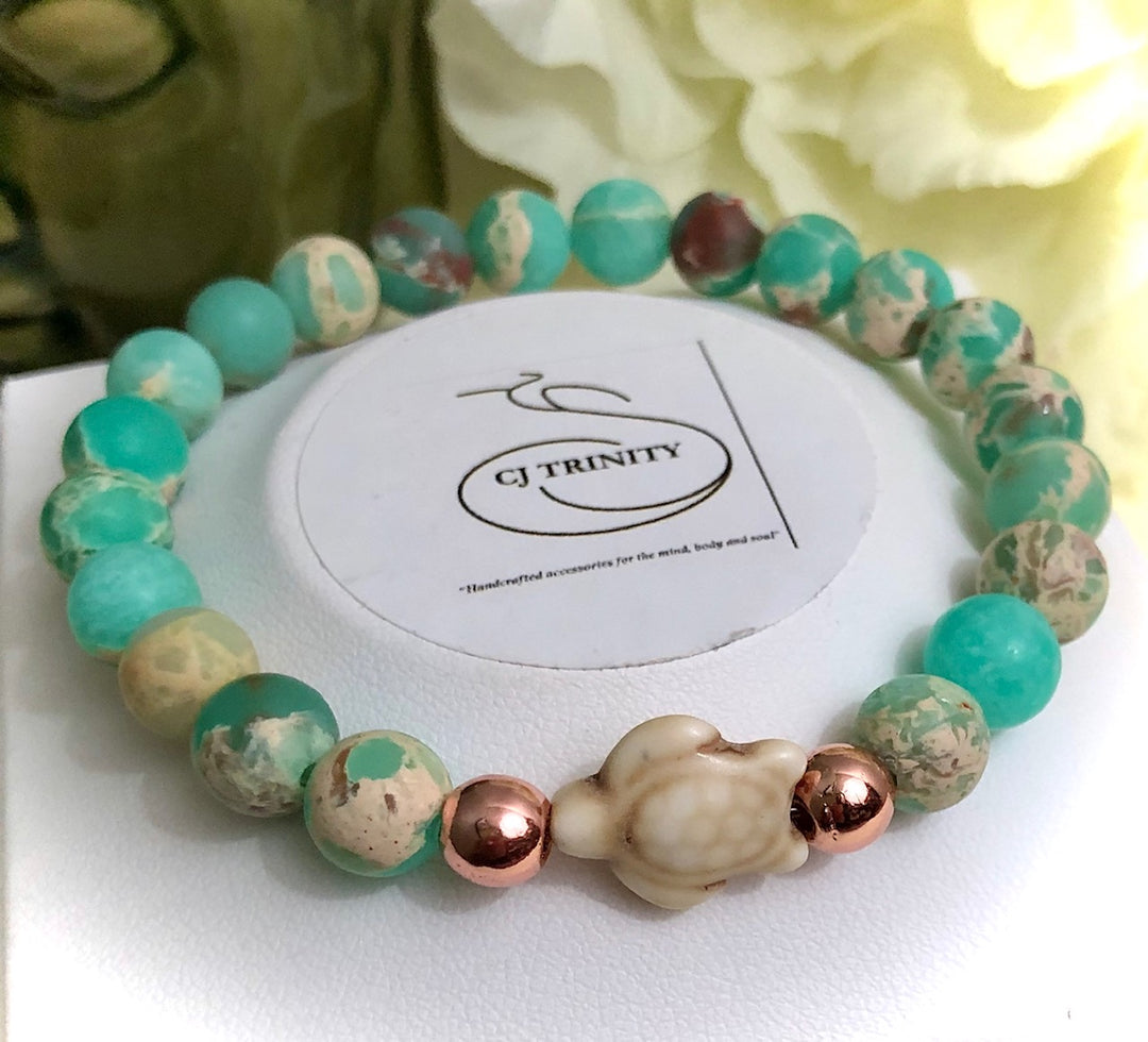 Gemstone TURTLE Bracelet Set-Rose Gold Hematite, Fossil Stone & Aqua Terra Jasper-Sold Separately or as a SET