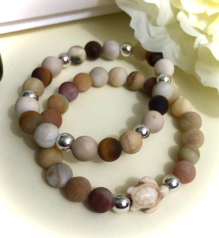 Gemstone TURTLE Bracelet Set-Silver-toned Hematite, Agate, Fossil Stone & Tiger's Eye-Sold Separately or as a SET