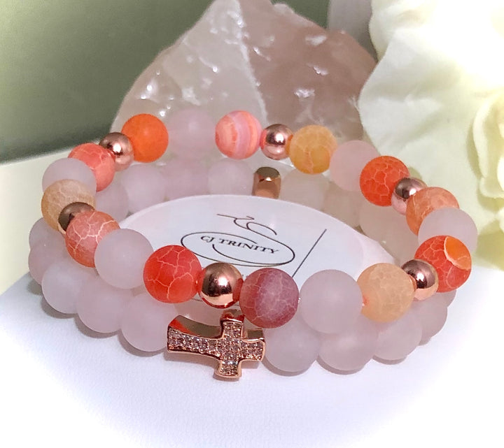 Rose Gold Pavé CROSS-Summer Inspired Bracelet SET-Agate, Rose Quartz & Rose Gold-toned Hematite-Sold Separately or as a SET