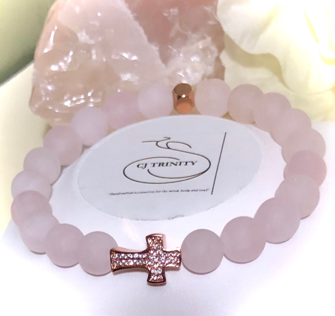 Rose Gold Pavé CROSS-Summer Inspired Bracelet SET-Agate, Rose Quartz & Rose Gold-toned Hematite-Sold Separately or as a SET