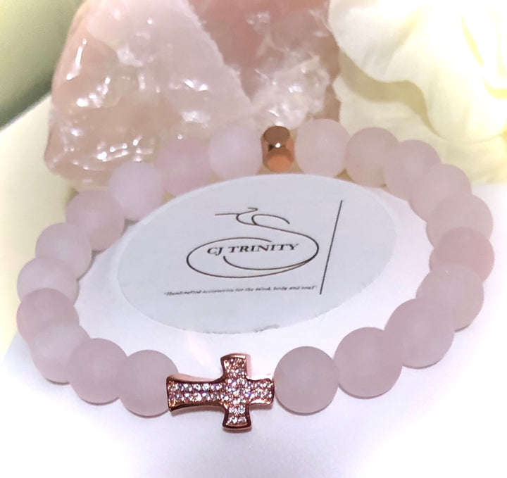 Rose Gold Pavé CROSS-Summer Inspired Bracelet SET-Agate, Rose Quartz & Rose Gold-toned Hematite-Sold Separately or as a SET