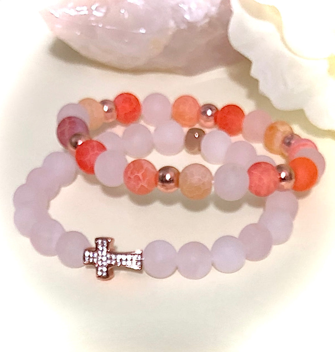 Rose Gold Pavé CROSS-Summer Inspired Bracelet SET-Agate, Rose Quartz & Rose Gold-toned Hematite-Sold Separately or as a SET