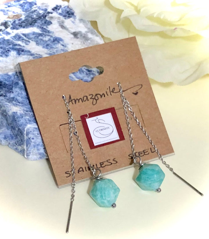 Star-cut AMAZONITE Pull-through Threader Earrings-Stainless Steel