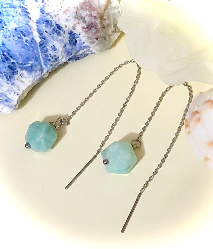 Star-cut AMAZONITE Pull-through Threader Earrings-Stainless Steel