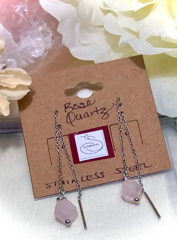 Star-cut-ROSE QUARTZ Pull-through-Threader Earrings-Stainless Steel