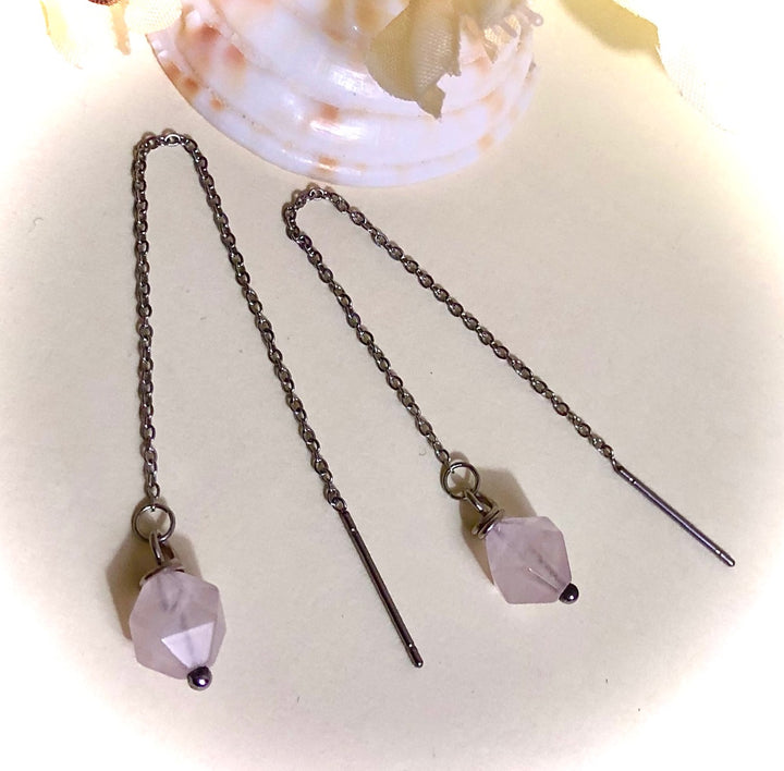Star-cut-ROSE QUARTZ Pull-through-Threader Earrings-Stainless Steel