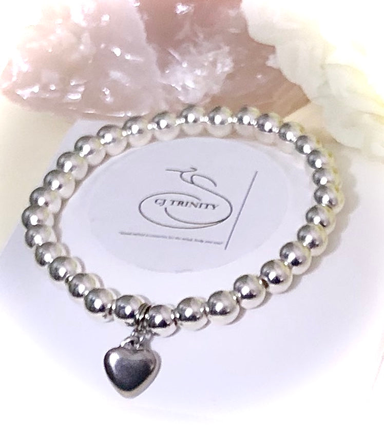 Classic SILVER Hematite -HEART CHARM Gemstone Bracelet-Communion-Confirmation-Birthday-Choice of Size