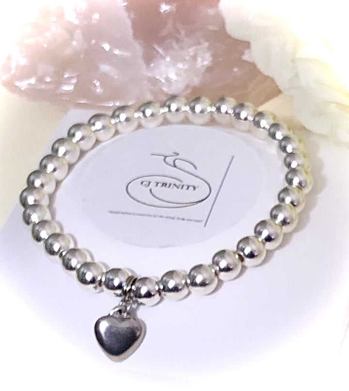 Classic SILVER Hematite -HEART CHARM Gemstone Bracelet-Communion-Confirmation-Birthday-Choice of Size