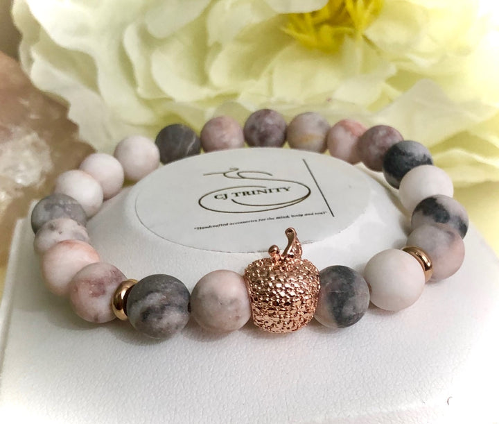 Rose Gold APPLE Bracelet-Teacher Bracelet- Gemstone Pink Zebra Jasper Bracelet