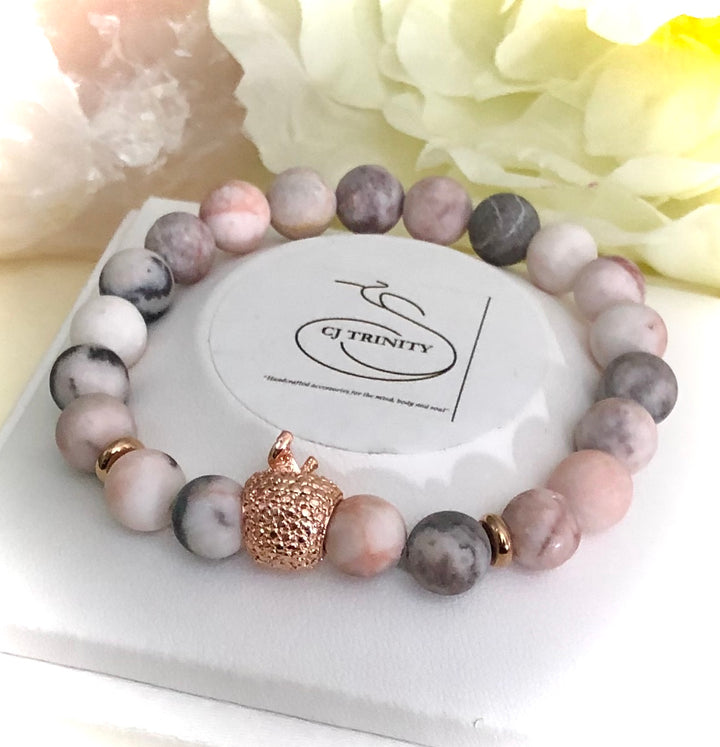 Rose Gold APPLE Bracelet-Teacher Bracelet- Gemstone Pink Zebra Jasper Bracelet