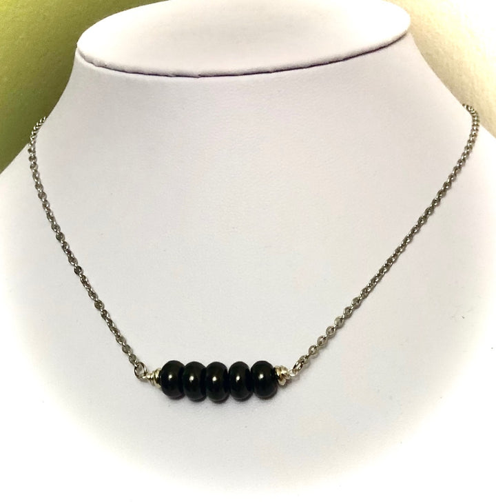 Unisex  Silver- SHUNGITE RONDELLE BAR NECKLACE-EMF Protection-Stainless Steel