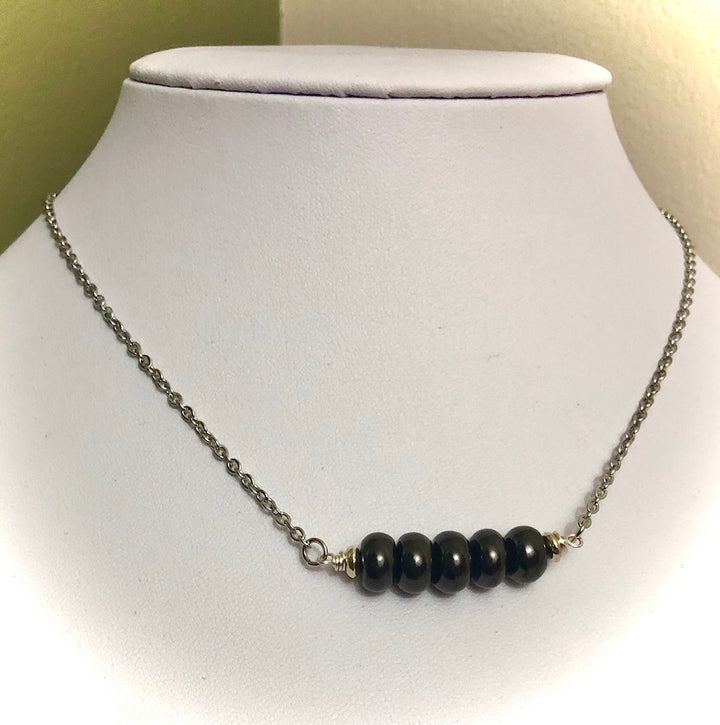 Unisex  Silver- SHUNGITE RONDELLE BAR NECKLACE-EMF Protection-Stainless Steel