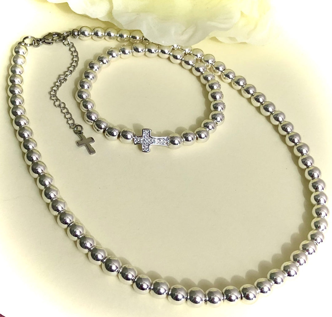First Communion/Confirmation/Graduation-Silver-toned Hematite Necklace & Pavé Cross Bracelet-Sold Separately or as a SET