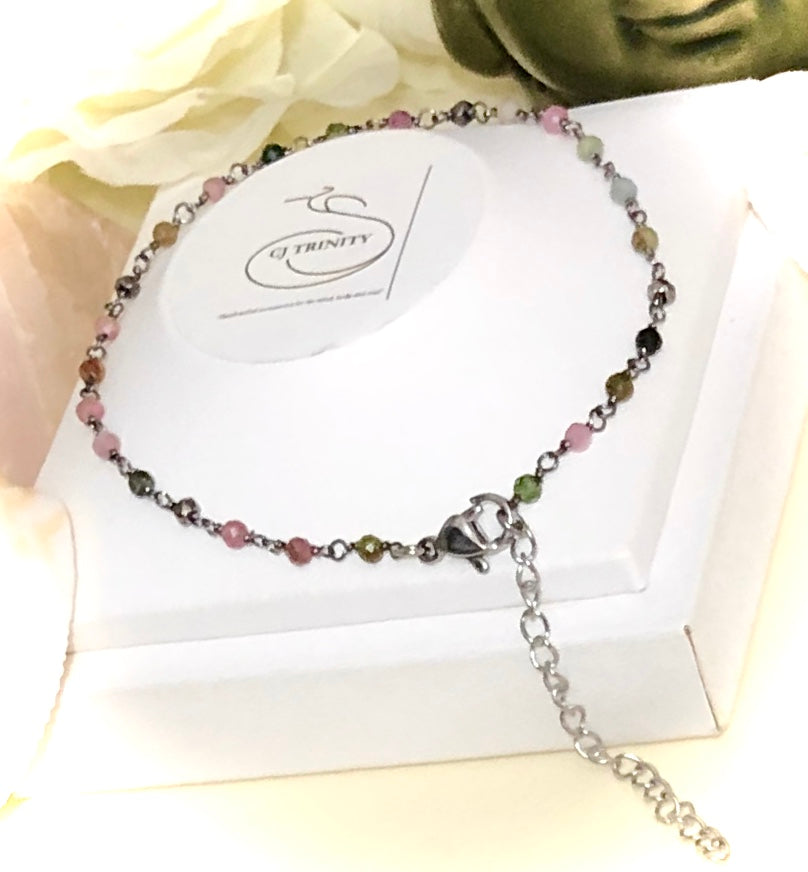 Dainty Multi-Color Tourmaline-Minimalist Gemstone Anklet-Rosary Style Chain