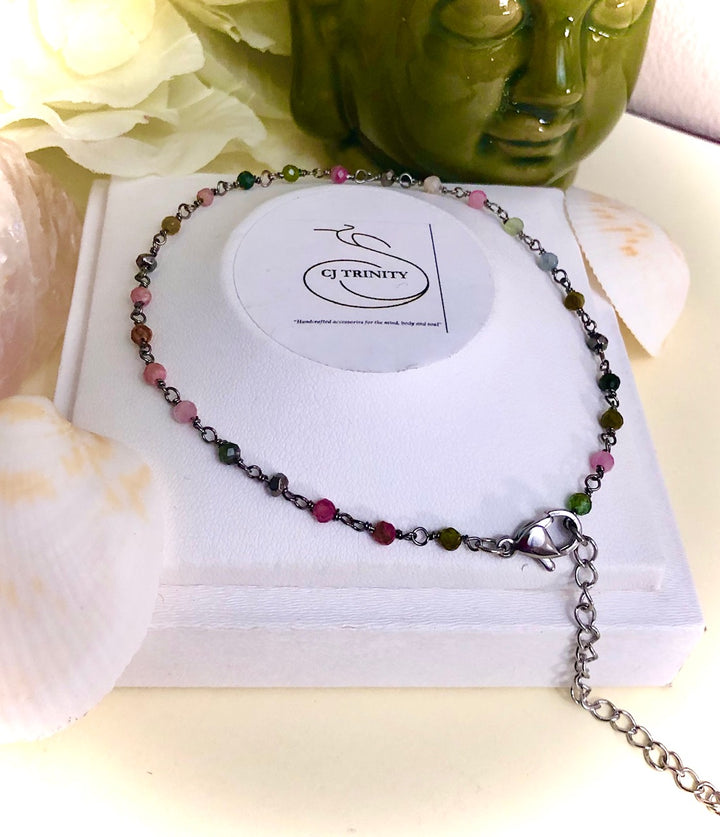 Dainty Multi-Color Tourmaline-Minimalist Gemstone Anklet-Rosary Style Chain