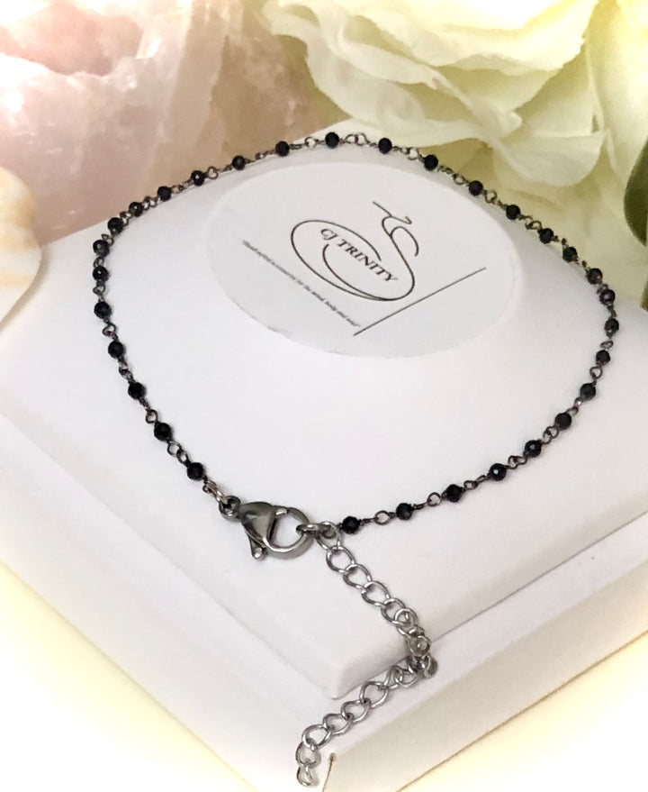 Dainty BLACK SPINEL- Minimalist Gemstone Anklet-Rosary Style Chain