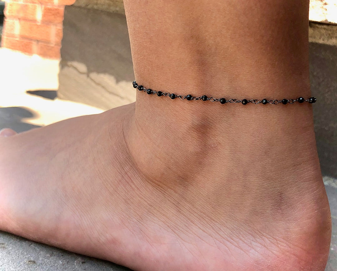 Dainty BLACK SPINEL- Minimalist Gemstone Anklet-Rosary Style Chain