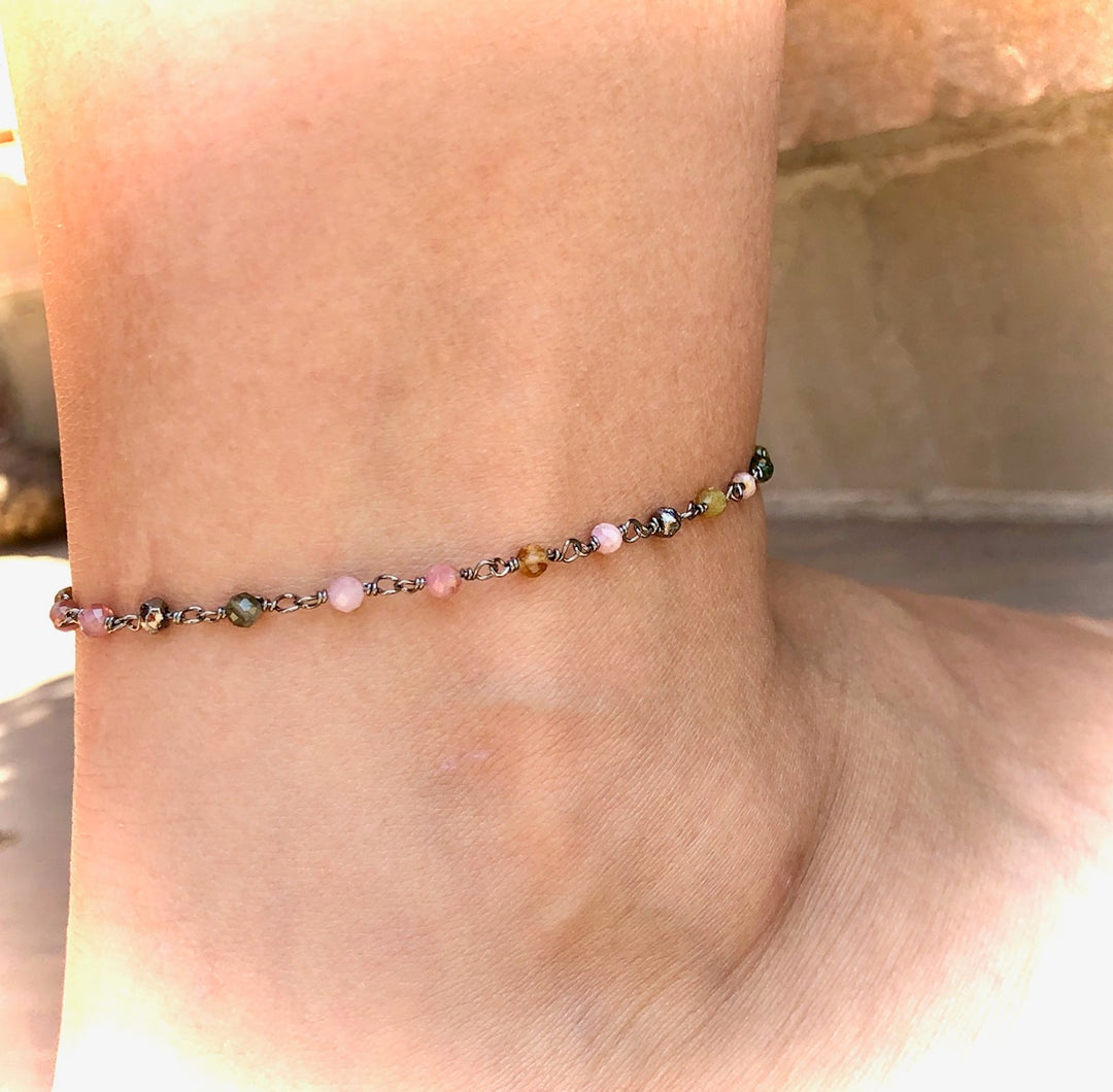 Dainty Multi-Color Tourmaline-Minimalist Gemstone Anklet-Rosary Style Chain