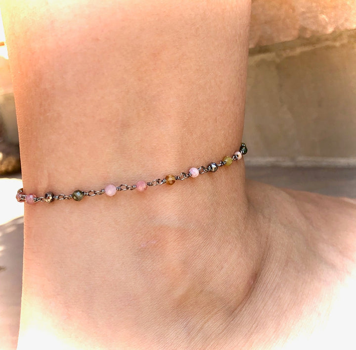 Dainty Multi-Color Tourmaline-Minimalist Gemstone Anklet-Rosary Style Chain