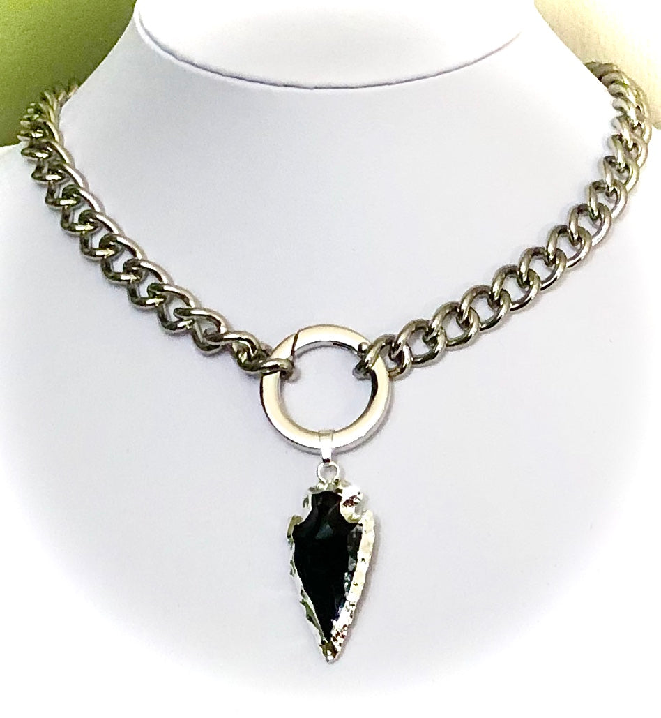 Unisex Stainless Steel Carabiner Necklace-Statement Necklace-Black Obsidian Arrow-2 Styles