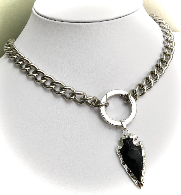 Unisex Stainless Steel Carabiner Necklace-Statement Necklace-Black Obsidian Arrow-2 Styles