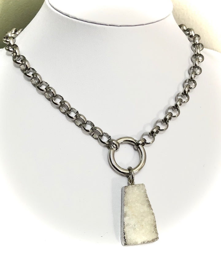 Unisex Carabiner Style Necklace-White Druzy Quartz-Circle-link Stainless Steel-Statement Necklace