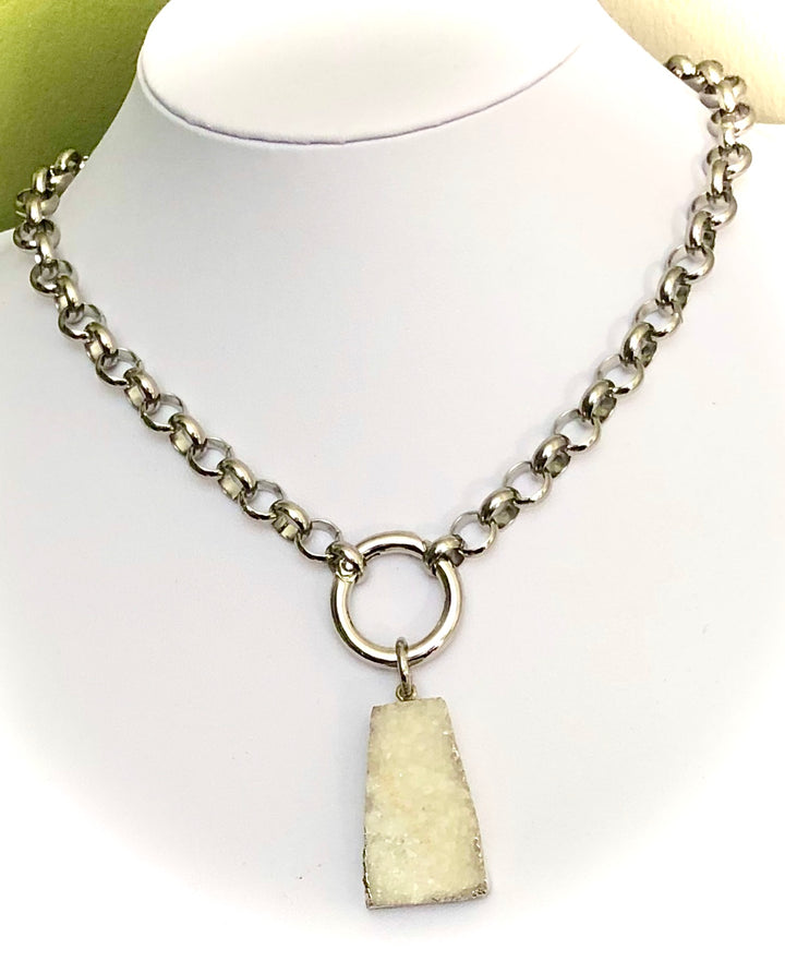 Unisex Carabiner Style Necklace-White Druzy Quartz-Circle-link Stainless Steel-Statement Necklace