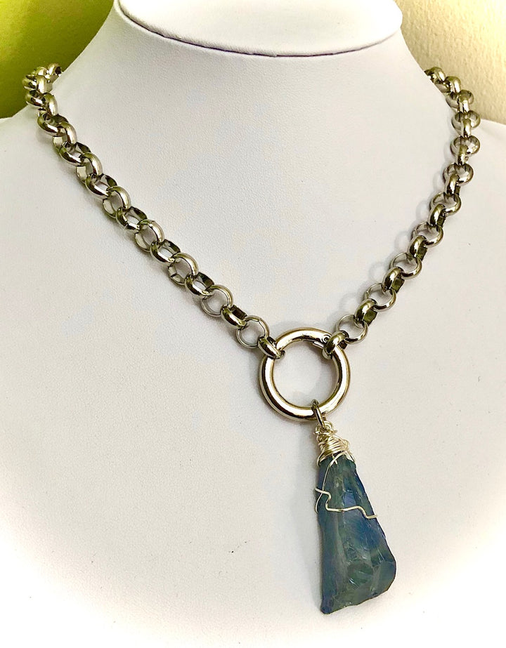 Unisex Carabiner Style Necklace-Grey Angel Aura-Circle-link Stainless Steel-Statement Necklace