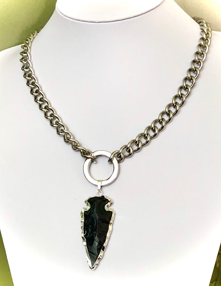 Unisex Stainless Steel Carabiner Necklace-Statement Necklace-Black Obsidian Arrow-2 Styles