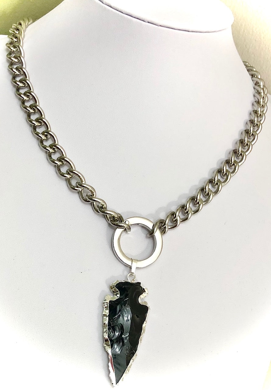 Unisex Stainless Steel Carabiner Necklace-Statement Necklace-Black Obsidian Arrow-2 Styles