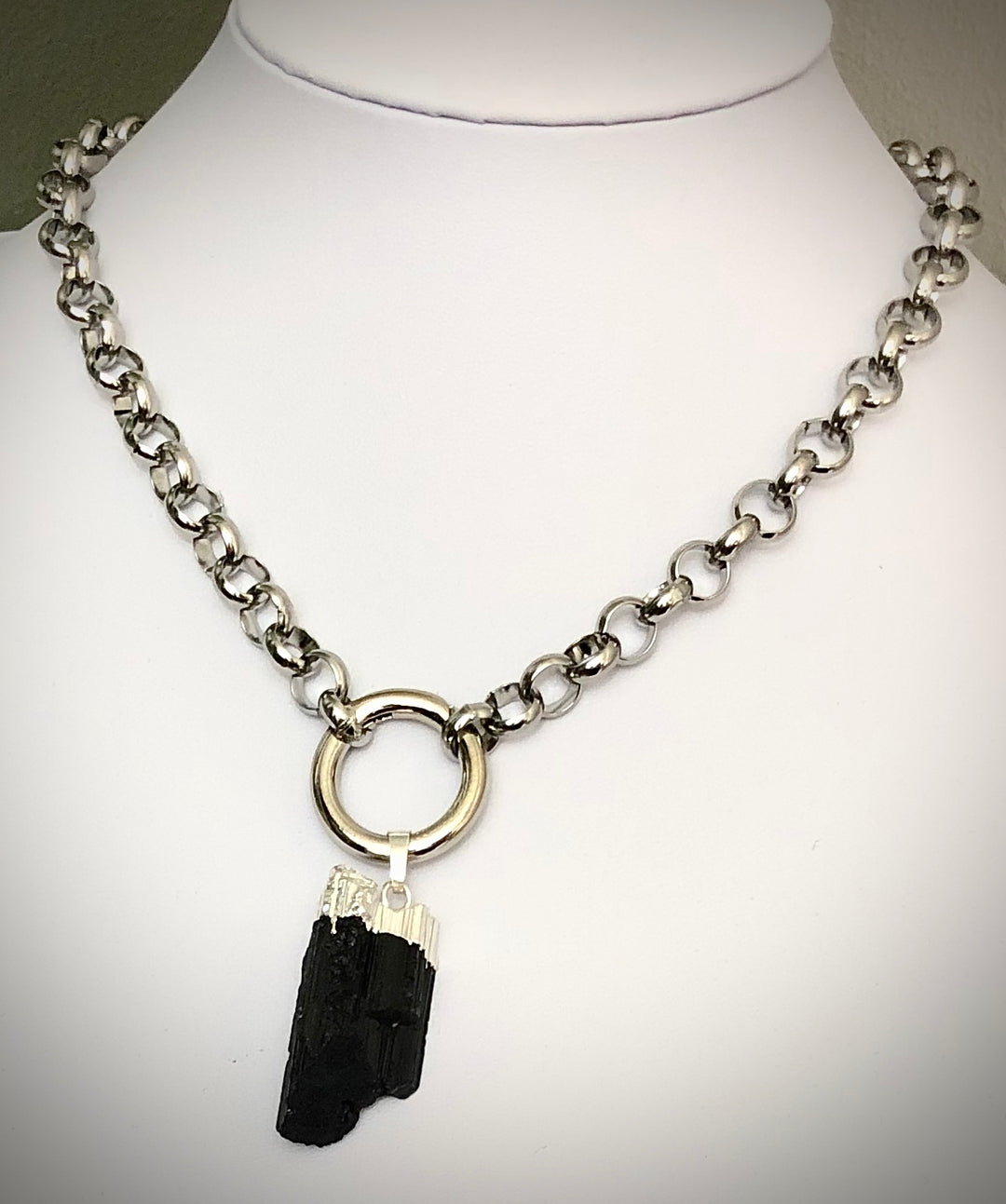 Unisex Carabiner Style Necklace-Raw Black Tourmaline-Protection-Circle Link Stainless Steel-Statement Necklace
