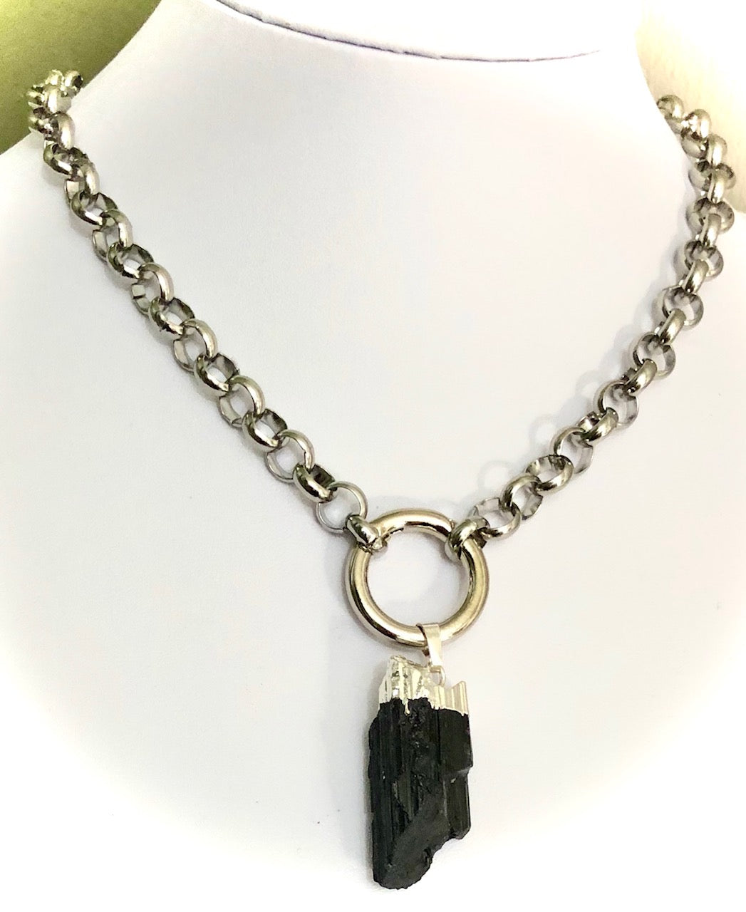 Unisex Carabiner Style Necklace-Raw Black Tourmaline-Protection-Circle Link Stainless Steel-Statement Necklace