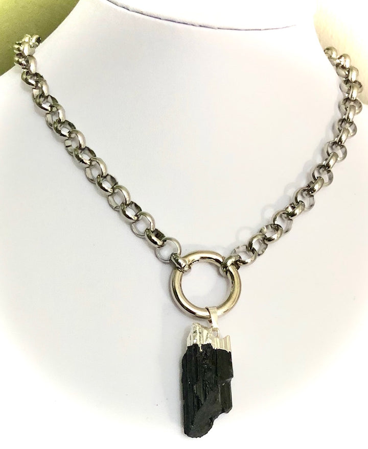 Unisex Carabiner Style Necklace-Raw Black Tourmaline-Protection-Circle Link Stainless Steel-Statement Necklace
