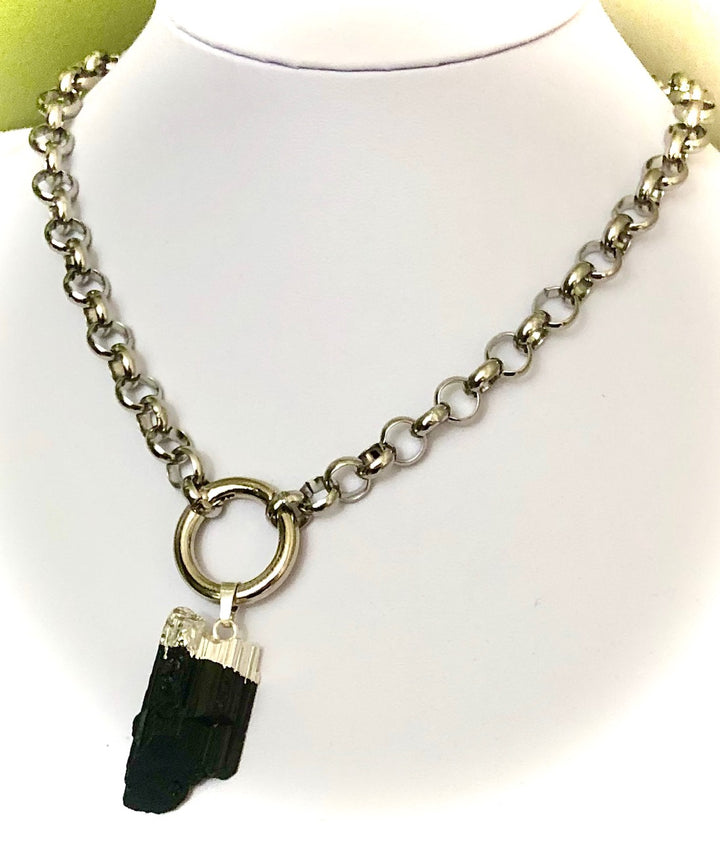 Unisex Carabiner Style Necklace-Raw Black Tourmaline-Protection-Circle Link Stainless Steel-Statement Necklace