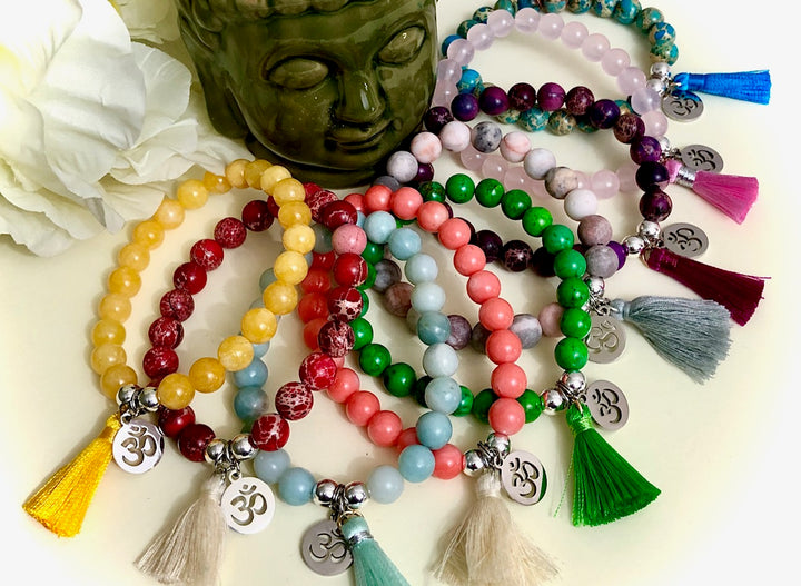 OM Charm & Tassel Gemstone Bracelet-Stainless Steel Charm-Choice of Gemstone & Color