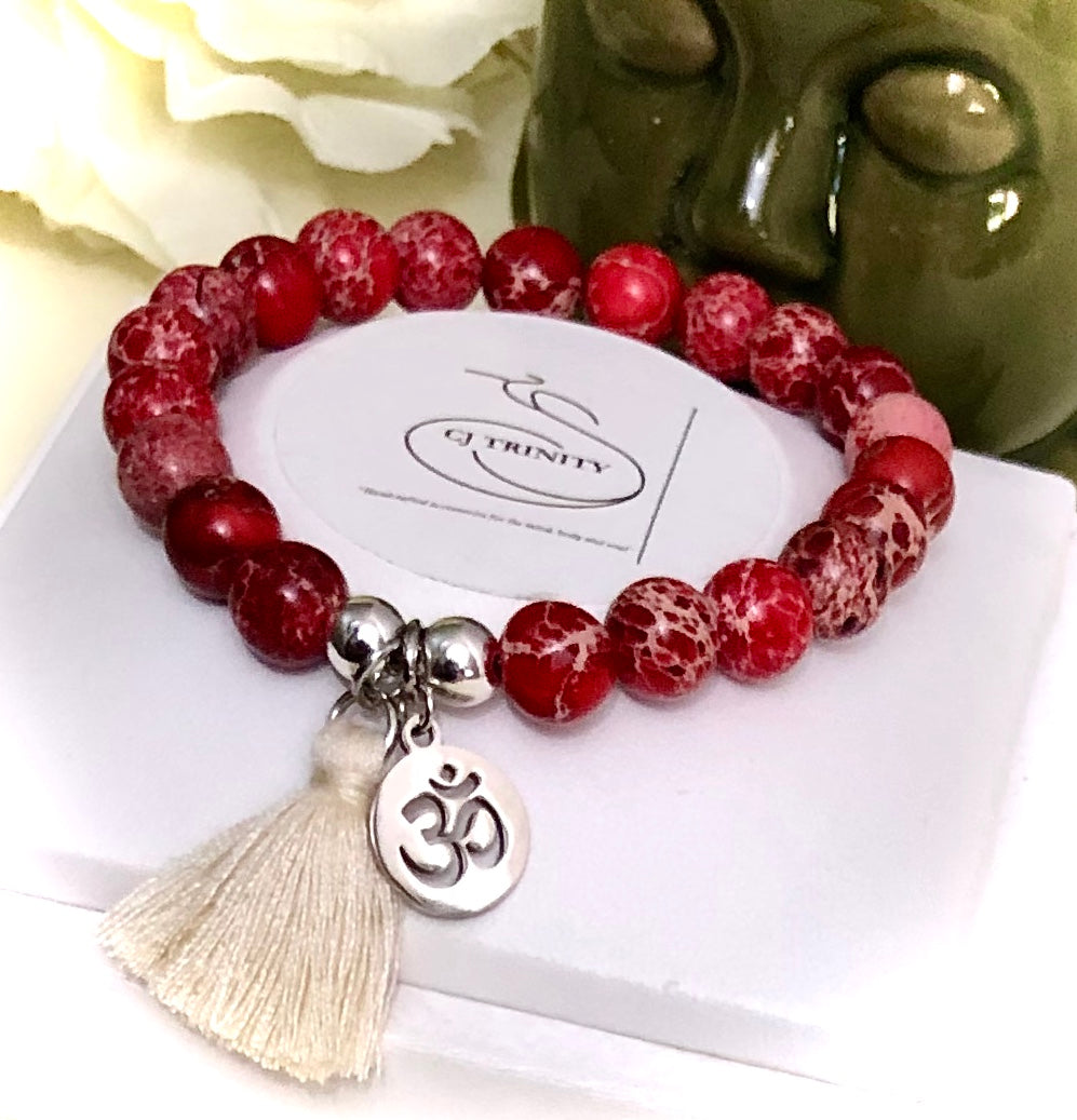 OM Charm & Tassel Gemstone Bracelet-Stainless Steel Charm-Choice of Gemstone & Color