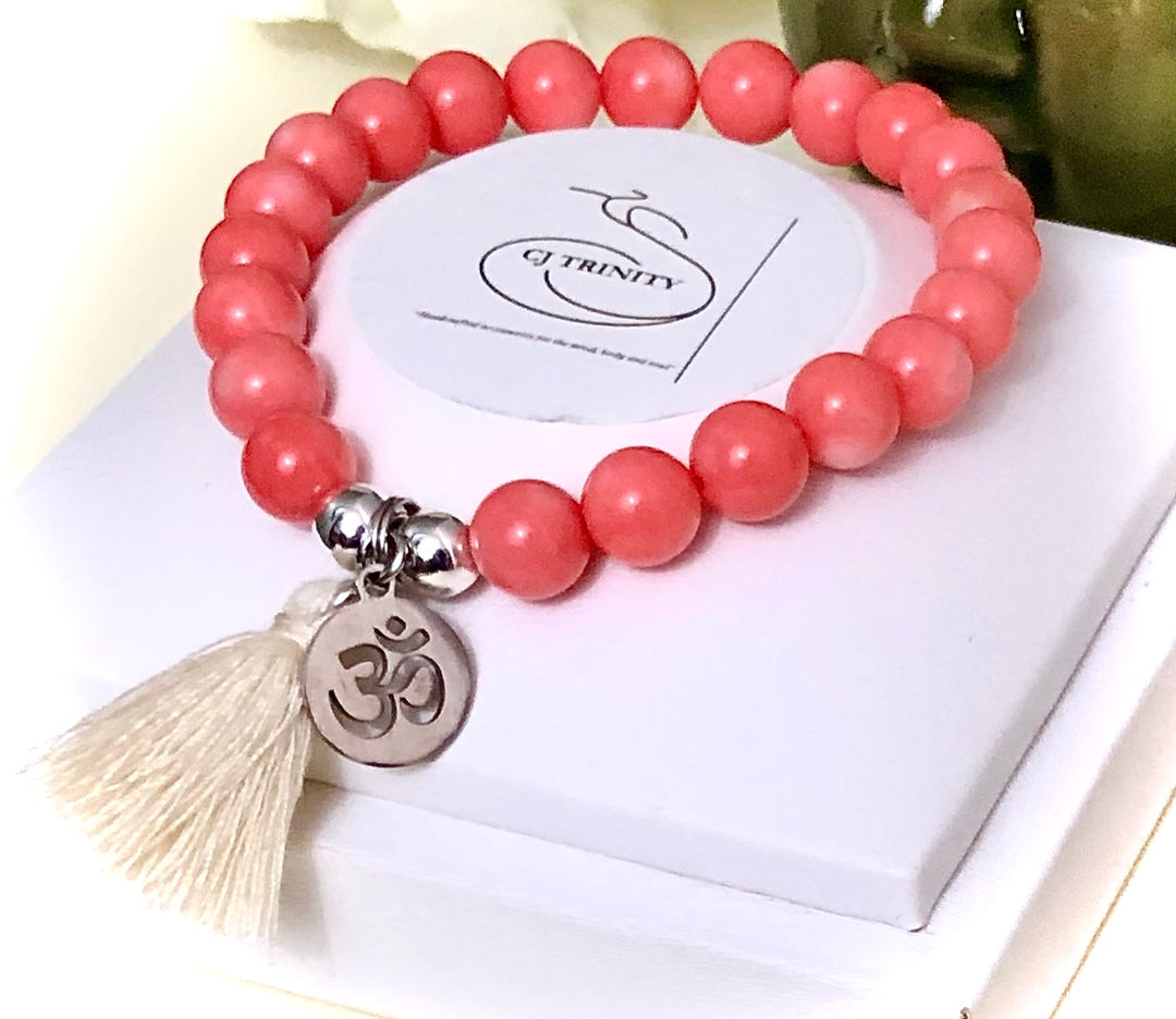 OM Charm & Tassel Gemstone Bracelet-Stainless Steel Charm-Choice of Gemstone & Color