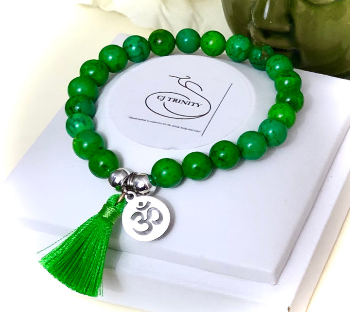OM Charm & Tassel Gemstone Bracelet-Stainless Steel Charm-Choice of Gemstone & Color
