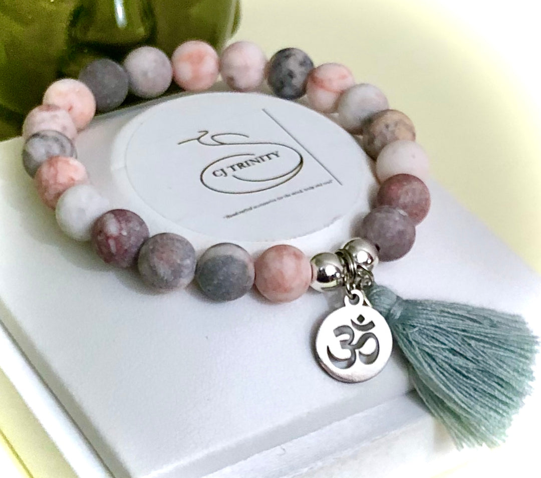 OM Charm & Tassel Gemstone Bracelet-Stainless Steel Charm-Choice of Gemstone & Color