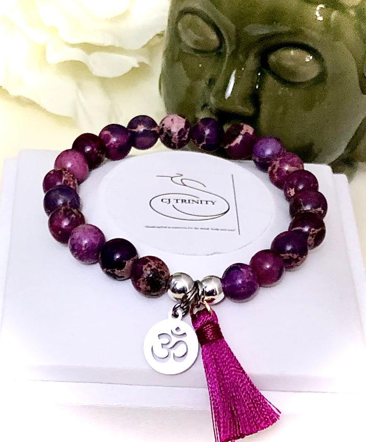 OM Charm & Tassel Gemstone Bracelet-Stainless Steel Charm-Choice of Gemstone & Color