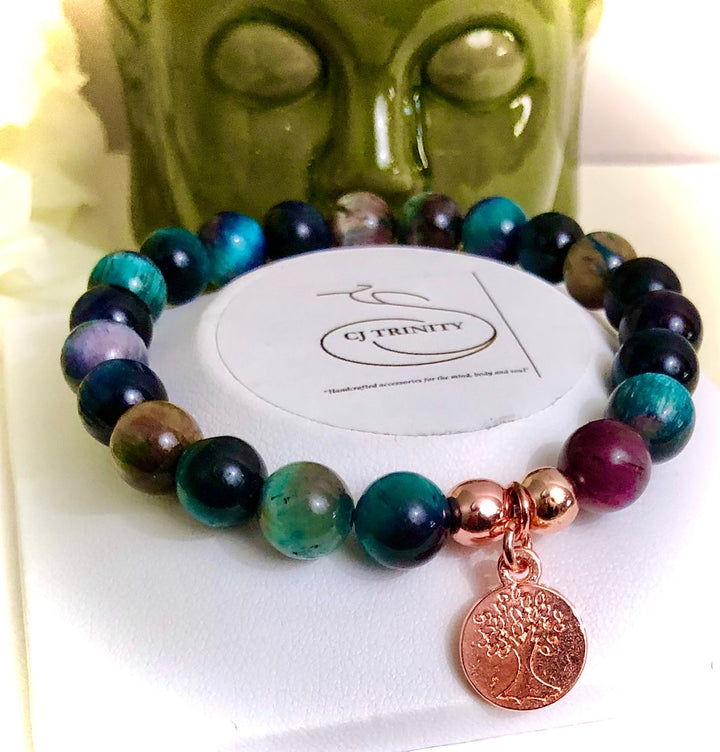 Multi-Color Galaxy Tiger's Eye- Rose Gold Tree of Life Charm Bracelet