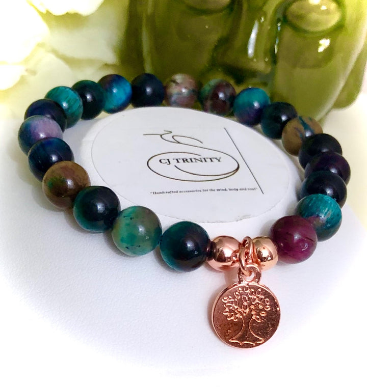 Multi-Color Galaxy Tiger's Eye- Rose Gold Tree of Life Charm Bracelet