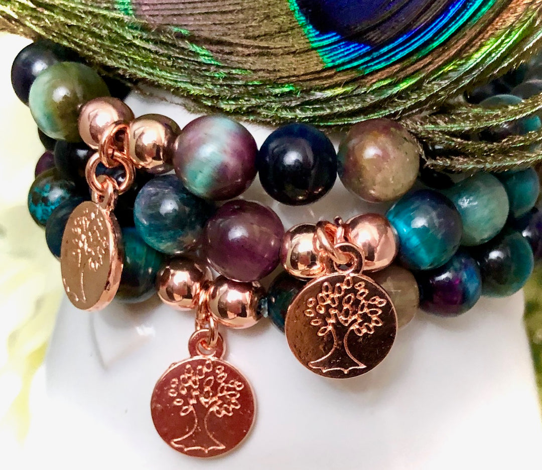 Multi-Color Galaxy Tiger's Eye- Rose Gold Tree of Life Charm Bracelet