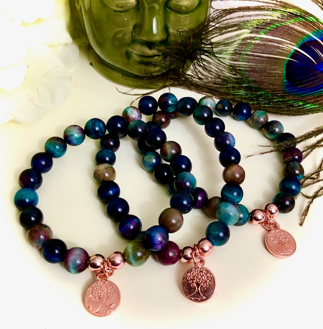 Multi-Color Galaxy Tiger's Eye- Rose Gold Tree of Life Charm Bracelet