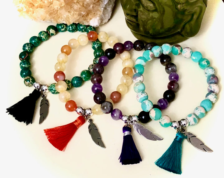 FEATHER Charm & Tassel Gemstone Bracelet-Stainless Steel Charm Bracelet-Choice of Gemstone