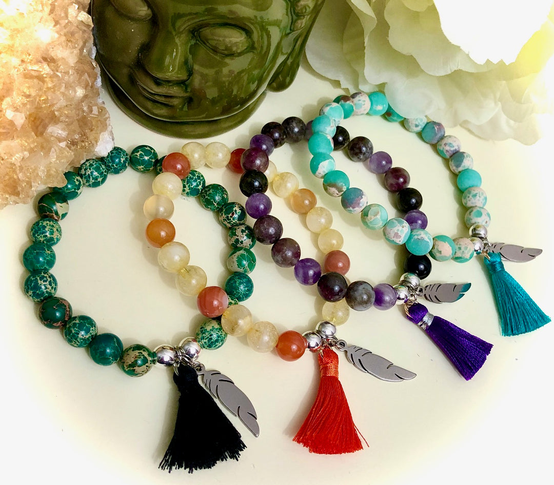 FEATHER Charm & Tassel Gemstone Bracelet-Stainless Steel Charm Bracelet-Choice of Gemstone
