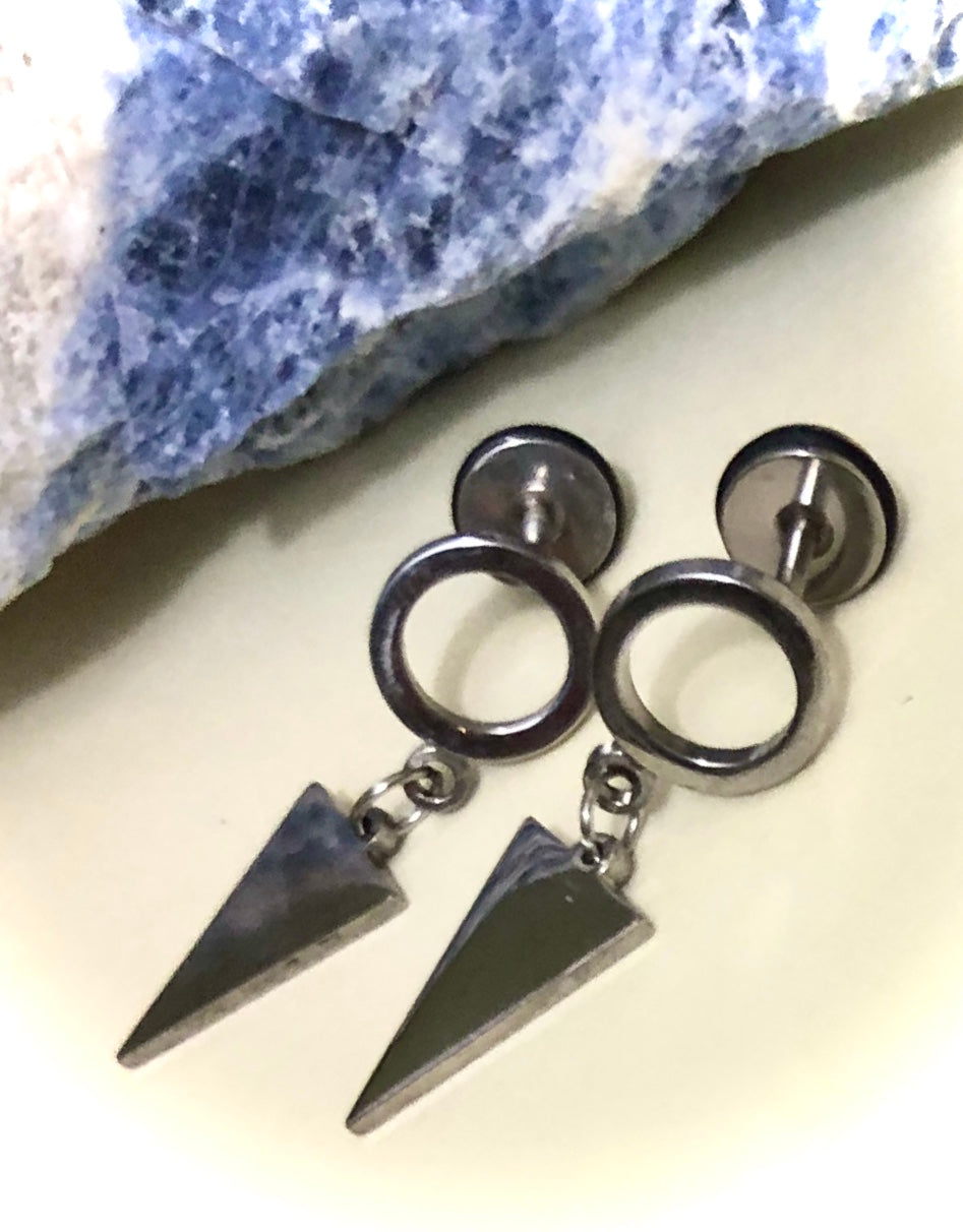 Unisex Silver Surgical Stainless Steel-Circle Stud with Triangle Dangle Charm Earrings-Screw Back Earrings