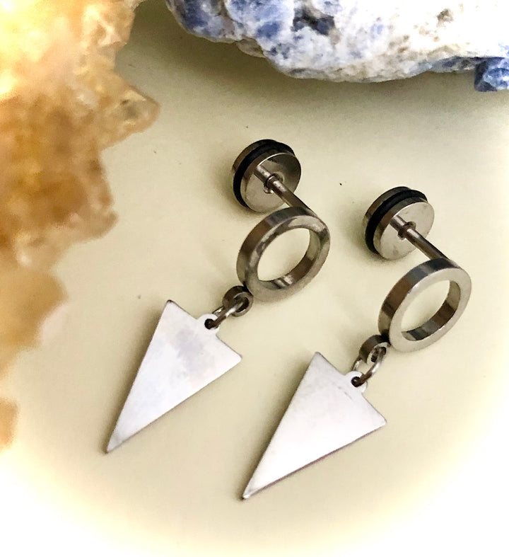 Unisex Silver Surgical Stainless Steel-Circle Stud with Triangle Dangle Charm Earrings-Screw Back Earrings