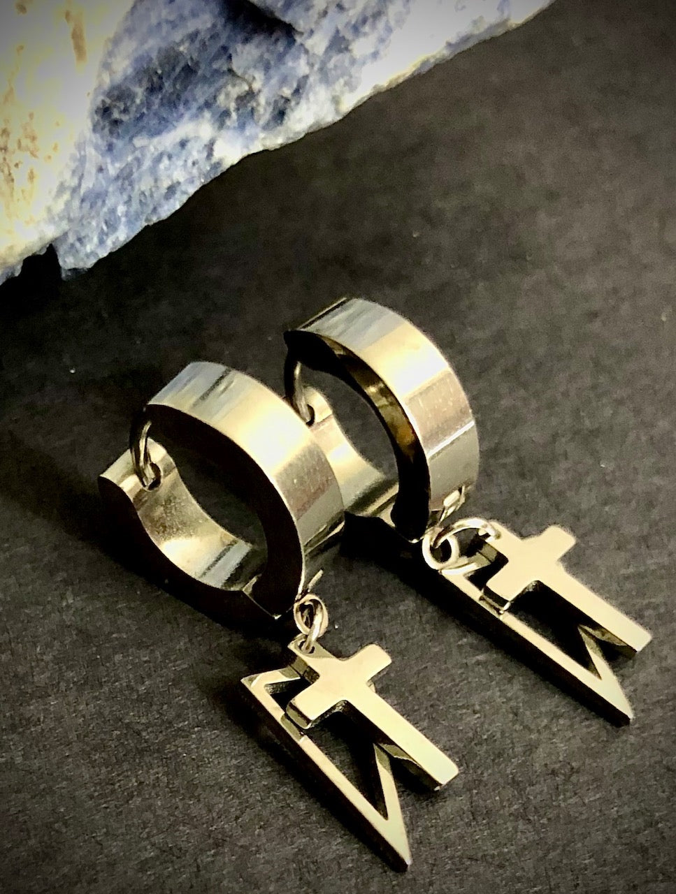 Unisex Silver Surgical Stainless Steel-Hoop Earrings-Triangle & Cross Dangle Charm Earrings