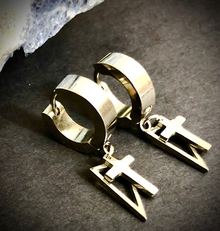 Unisex Silver Surgical Stainless Steel-Hoop Earrings-Triangle & Cross Dangle Charm Earrings